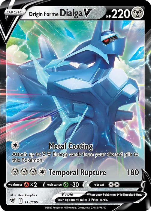 Image of Origin Forme Dialga V (113/189) [Sword & Shield: Astral Radiance] Pokémon card from the Astral Radiance series. The design features a metallic, dragon-like Pokémon with blue and light purple tones, surrounded by colorful, abstract cosmic patterns. This Ultra Rare card details 220 HP, Metal Coating ability, and Temporal Rupture attack. Weakness to fire, resistance to grass, and a retreat cost of two are also