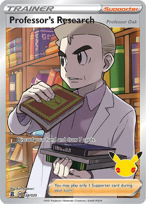 A Pokémon card titled "Professor's Research (024/025) [Celebrations: 25th Anniversary]" featuring the distinguished Trainer Professor Oak. The Ultra Rare card displays Professor Oak holding an open book in his right hand and another in his left, set against a backdrop of colorful bookshelves. Its special ability allows you to discard your hand and draw 7 cards. Pokémon Celebrations: 25th Anniversary.