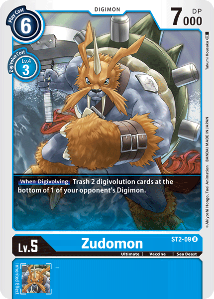 The Zudomon [ST2-09] card from the Digimon Starter Deck: Cocytus Blue features a powerful sea beast with blue skin, tusks, and a spiked shell, wielding a large hammer. It has a Play Cost of 6, Digivolve Cost from Level 4 for 3, and DP of 7000. Its ability allows you to trash two digivolution cards from an opponent when it digivolves.