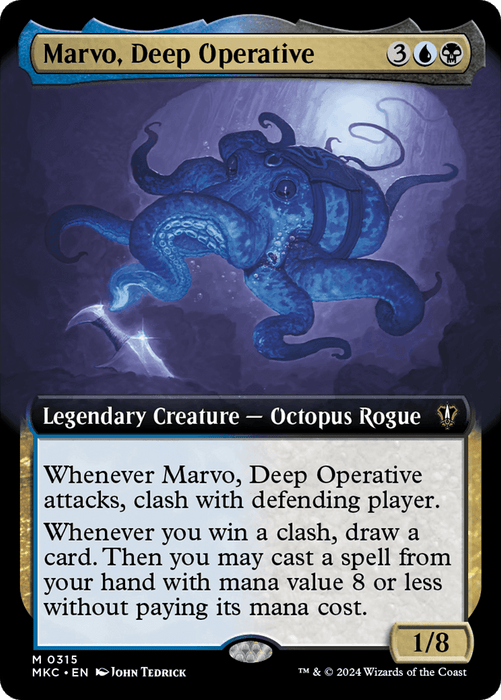 A Magic: The Gathering card featuring "Marvo, Deep Operative (Extended Art) [Murders at Karlov Manor Commander]," a legendary octopus rogue. The card costs 3 blue/black mana, has 1 power and 8 toughness. Illustrates a blue octopus wielding daggers, ready to strike. As an Octopus Rogue in the Murders at Karlov Manor Commander set, its abilities involve clashing and drawing cards.