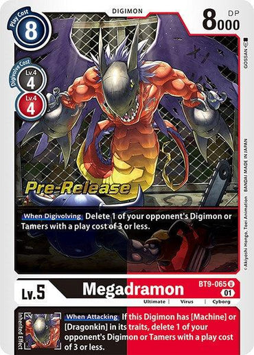 The Megadramon [BT9-065] [X Record Pre-Release Promos] trading card from the Digimon brand features a dragon-cyborg Digimon. The card showcases Megadramon's metallic claws and fierce expression in a dynamic pose. It includes various statistics and abilities, with a play cost of 8, 8000 DP, and detailed effects for digivolving and attacking.