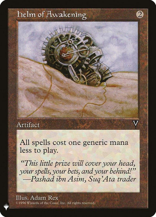 The image is a Magic: The Gathering card titled "Helm of Awakening [Mystery Booster]." This artifact depicts a dark, ornate mechanical helm partially buried in sand dunes under an overcast sky. The card text reads, "All spells cost one generic mana less to play." The illustration is by Adam Rex and copyrighted in 1996.