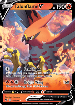 The image shows a Talonflame V (029/185) [Sword & Shield: Vivid Voltage] from Pokémon, featuring a red and yellow bird-like Pokémon with a wingspan extended wide. The card includes details like HP (190), abilities 