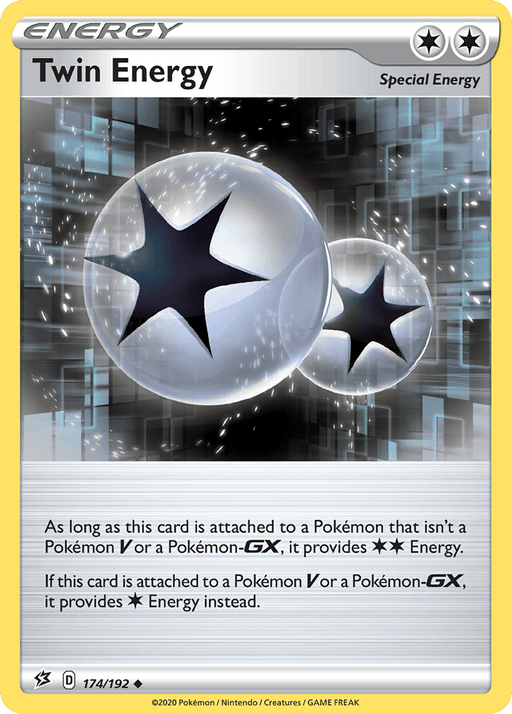 A Twin Energy (174/192) [Sword & Shield: Rebel Clash] Pokémon trading card from the Sword & Shield Rebel Clash series. The card features two metallic spheres with a large black star in the center of each. It's categorized as Special Energy and provides two Colorless Energy unless attached to a Pokémon V or GX.