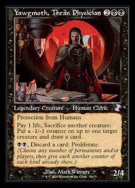 A Magic: The Gathering card titled "Yawgmoth, Thran Physician (Timeshifted) [Time Spiral Remastered]" from Magic: The Gathering. It depicts a dark-robed Legendary Creature in black armor standing in a laboratory filled with vials and scientific instruments. The card's attributes include a cost of 2 black mana and 2 neutral mana, 2 power, and 4 toughness.