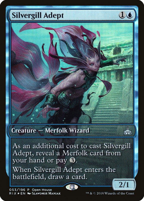 Magic: The Gathering card titled "Silvergill Adept (Open House) (Extended Art) [Rivals of Ixalan Promos]." This 2/1 blue card, part of the Rivals of Ixalan Promos, costs 1 generic and 1 Island mana. It is a Creature - Merfolk Wizard. Reveal a Merfolk card from hand or pay 3 to cast. When entering the battlefield, draw a card. Art depicts a Merfolk Wizard