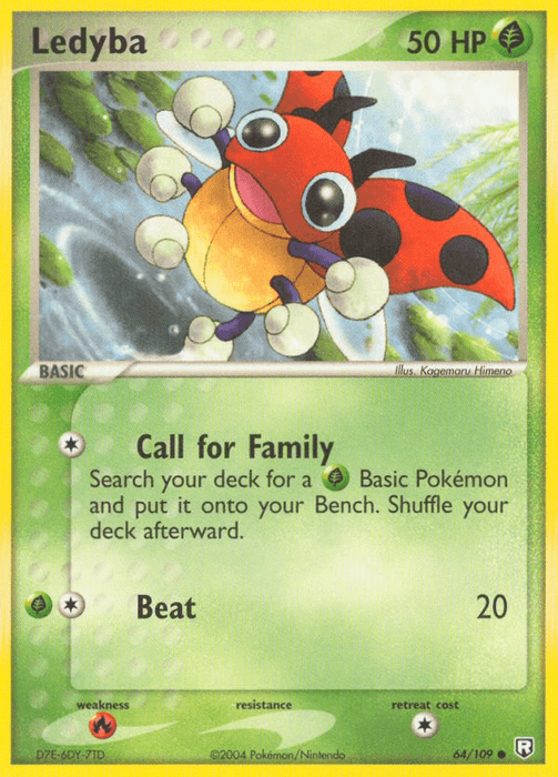 A Common Pokémon trading card from the Team Rocket Returns set featuring Ledyba (64/109) [EX: Team Rocket Returns]. The card is green and yellow with an image of the red and black polka-dotted insect-like Ledyba. It has 50 HP and two attacks: "Call for Family" and "Beat." Illustrated by Kagemaru Himeno, it includes a Grass symbol.