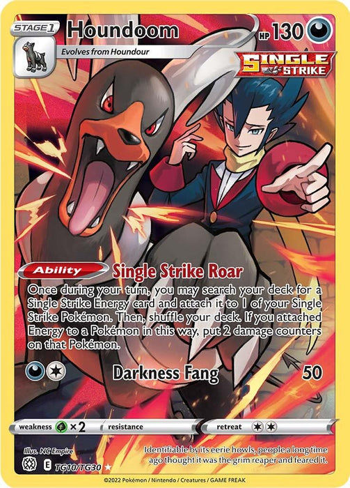 A Pokémon card from the Sword & Shield: Brilliant Stars series featuring "Houndoom (TG10/TG30)" with 130 HP. It's a Stage 1, Single Strike card evolving from "Houndour." The Secret Rare card includes the ability "Single Strike Roar," attaching a Single Strike Energy from the deck, and the attack "Darkness Fang," dealing 50 damage.
