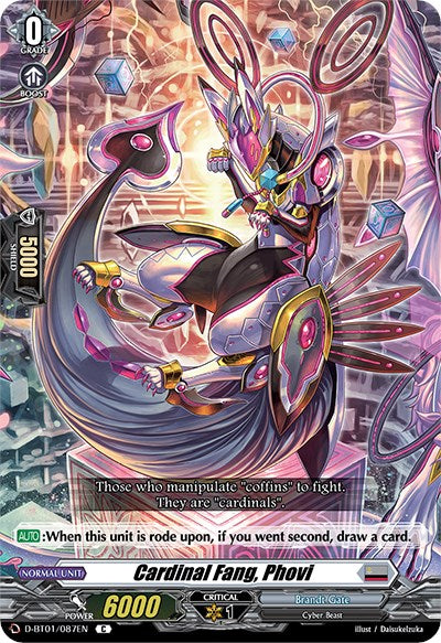 A card from Bushiroad's "Cardfight!! Vanguard" trading card game, "Cardinal Fang, Phovi (D-BT01/087EN) [Genesis of the Five Greats]" boasts a power of 6000, grade 0, and shield value of 5000. This Cyber Beast from the Brandt Gate features pink and purple armor surrounded by glowing geometric shapes, detailed abilities, and flavor text from Genesis of the Five Greats.