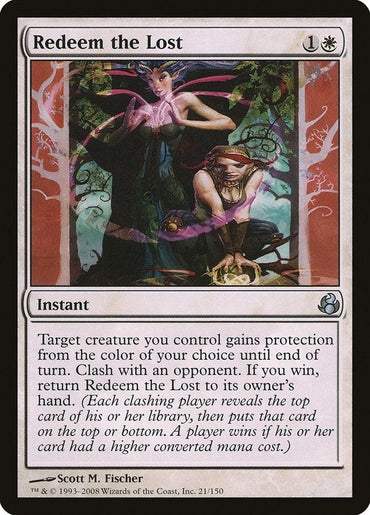 The Magic: The Gathering card "Redeem the Lost [Morningtide]" depicts a roguish figure in a forest. As an Instant card, it costs 1 white and 1 colorless mana, showcasing luminous clashes and granting creature protection through its detailed mechanics.