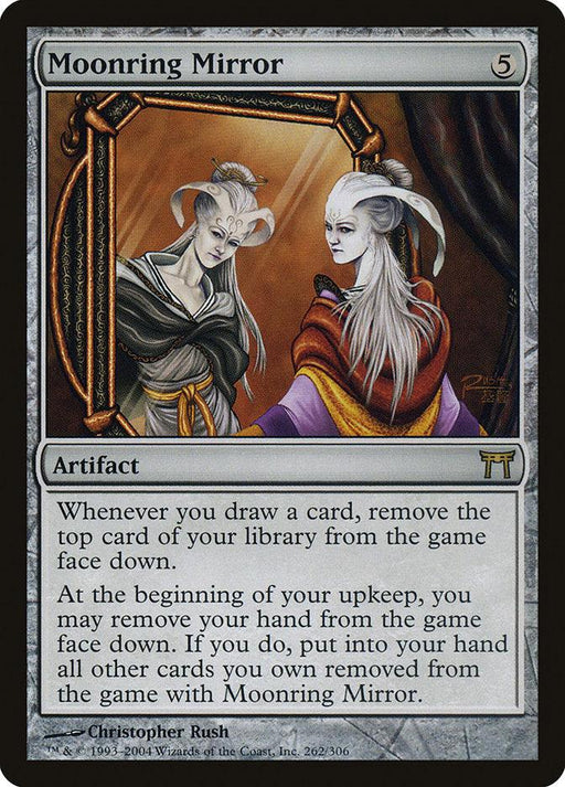 Magic: The Gathering product, Moonring Mirror [Champions of Kamigawa], has a silver border and an image of two humanoid creatures with white hair and elegant clothing, facing each other. This artifact costs 5 mana and has abilities triggered by drawing and upkeep. Text credits Christopher Rush.