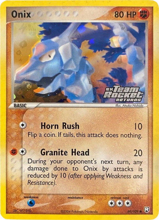 Here’s a revised version of the sentence using the given product data:

"A Pokémon card from EX: Team Rocket Returns features Onix (69/109) (Stamped), a common Fighting type with 80 HP. Depicted as a large, rocky serpent with a fierce expression, this card includes two attacks: Horn Rush, which deals 10 damage, and Granite Head, which deals 20 damage and reduces damage taken by 10 during the next turn.