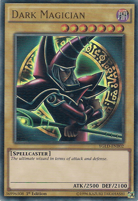 A Yu-Gi-Oh! trading card from Yugi's Legendary Decks featuring the "Dark Magician [YGLD-ENB02] Ultra Rare." The Ultra Rare card has a portrait of a magician in dark, elaborate robes holding a staff, with a circular magical symbol in the background. The card's stats are ATK/2500 and DEF/2100. Text: "The ultimate wizard in terms of attack and defense.