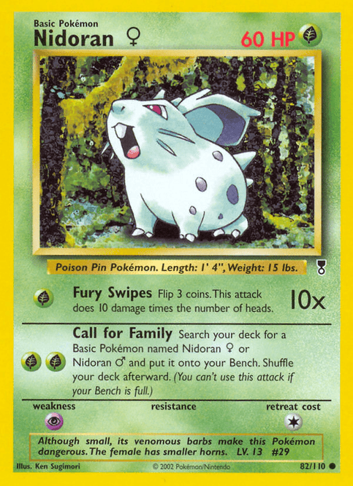 A Nidoran (82/110) (Female) [Legendary Collection] Pokémon trading card with 60 HP from the Legendary Collection. The card is illustrated with an image of a green rodent-like Pokémon with large ears and a horn on its forehead. Its two attacks are "Fury Swipes" and "Call for Family." Weak to Psychic-type moves, it is classified as Common.