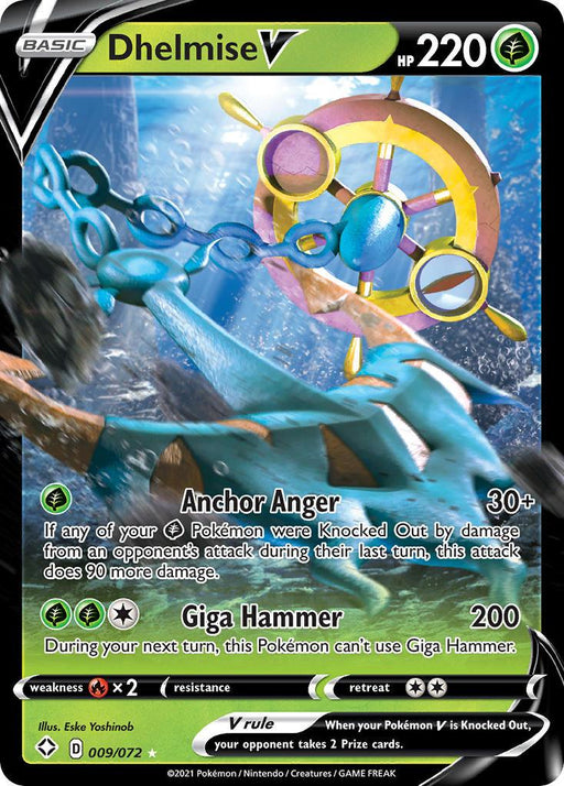 A Pokémon Dhelmise V (009/072) [Sword & Shield: Shining Fates] trading card featuring Dhelmise V from the Shining Fates expansion. The card shows Dhelmise, a ghostly ship's anchor and wheel with a water and grass nautical theme. It has 220 HP, moves "Anchor Anger" and "Giga Hammer." This Ultra Rare card is number 009/072 with various stats and abilities at the bottom.