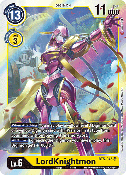 This Super Rare card, known as LordKnightmon [BT5-045] from the Digimon Battle of Omni collection, features a Digimon adorned in shimmering gold and pink armor. With a play cost of 13 and 11000 DP, it provides attack boosts and summoning abilities. It is classified as a Mega level Holy Warrior/Royal Knight.