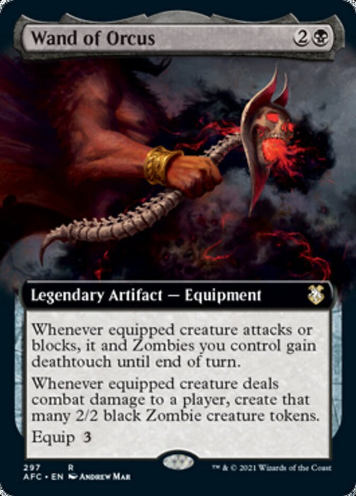 A muscular arm wields a dark, menacing wand adorned with a glowing red skull. Text underneath describes it as the "Wand of Orcus (Extended Art) [Dungeons & Dragons: Adventures in the Forgotten Realms Commander]," a legendary artifact in the game Magic: The Gathering. The card details its Commander-specific abilities and costs, with an ornate border and dark background.