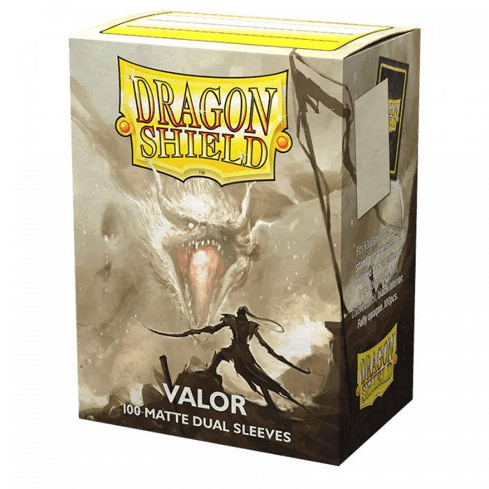 A pack of Dragon Shield: Standard 100ct Sleeves - Valor (Dual Matte) by Arcane Tinmen features 100 dual matte sleeves with a black interior. The packaging showcases an intense scene where a brave warrior, armed with a sword and shield, faces off against a menacing dragon with wide-open jaws. The Dragon Shield logo is prominently displayed at the top.