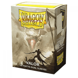 A pack of Dragon Shield: Standard 100ct Sleeves - Valor (Dual Matte) by Arcane Tinmen features 100 dual matte sleeves with a black interior. The packaging showcases an intense scene where a brave warrior, armed with a sword and shield, faces off against a menacing dragon with wide-open jaws. The Dragon Shield logo is prominently displayed at the top.