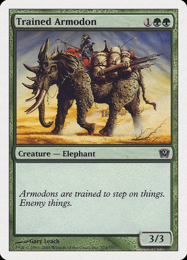 The Magic: The Gathering card "Trained Armodon [Ninth Edition]" showcases an armored elephant marching through a desert, ridden by helmeted soldiers wielding spears. This green-bordered Creature card requires a mana cost of 1 generic and 2 green, boasts a power/toughness of 3/3, and features flavor text about their training to crush foes.