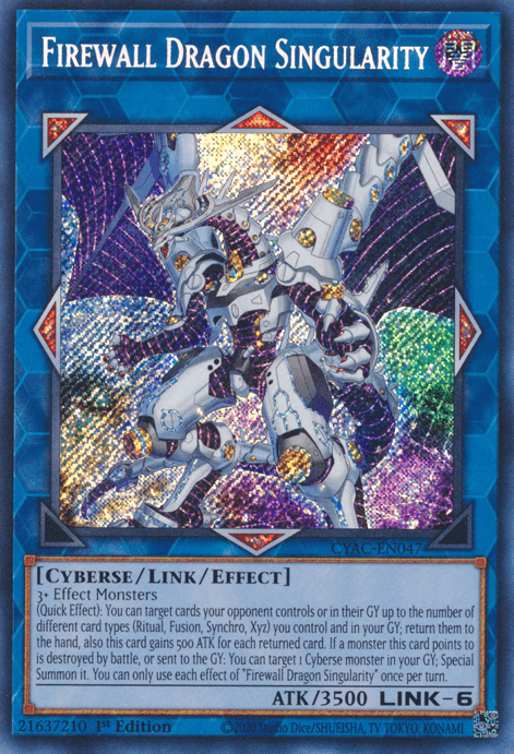 A Yu-Gi-Oh! trading card titled "Firewall Dragon Singularity [CYAC-EN047] Secret Rare" from the Cyberstorm Access series. The card features a holographic image of a mechanical dragon composed of intricate white and silver parts with blue highlights, set against a vibrant background. The card has a blue border and detailed text at the bottom.