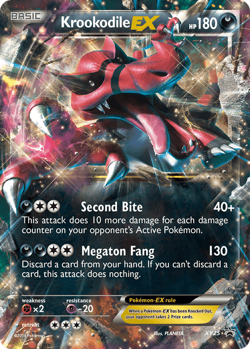 A Pokémon card for Krookodile EX (XY25) [XY: Black Star Promos] with 180 HP. It features a menacing, red and black crocodile-like Pokémon in an action pose. The card showcases two moves: "Second Bite" and "Megaton Fang." It has a Weakness to Water (x2), Resistance to Psychic (-20), and a Retreat Cost of three. This Pokémon Black Star Promo card