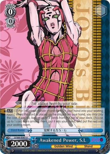 A card from JoJo's Bizarre Adventure: Golden Wind, specifically Awakened Power, S.L (JJ/S66-E083 U) [JoJo's Bizarre Adventure: Golden Wind] by Bushiroad, showcases a character with light skin, pink hair, and a pink outfit with yellow trim. They stand before a background rich with pink and yellow design elements. Text detailing the character's abilities and stats is found at the bottom.