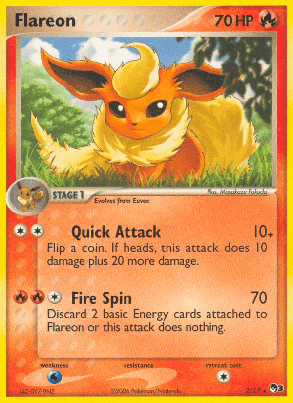 A rare Pokémon trading card from the POP Series 3 featuring Flareon (2/17) [POP Series 3], a fiery fox-like creature with large, fluffy orange fur and a bushy tail. The card is numbered 2/17 and has 70 HP. Flareon has two moves: Quick Attack, dealing 10+ damage, and Fire Spin, dealing 70 damage. The card is by Masakazu Fukuda and belongs to the Pokémon brand.
