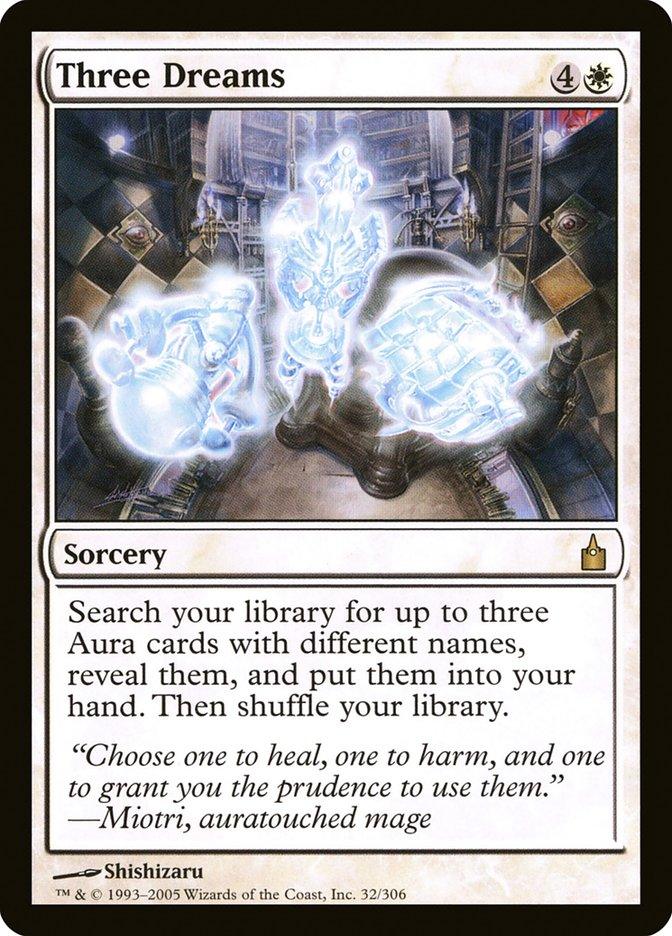 A **Magic: The Gathering** product titled "**Three Dreams [Ravnica: City of Guilds]**." It has a mana cost of 4W (four colorless and one white). This sorcery allows the player to search their library for up to three Aura cards, reveal them, and put them into their hand. The artwork depicts three ethereal and glowing entities.