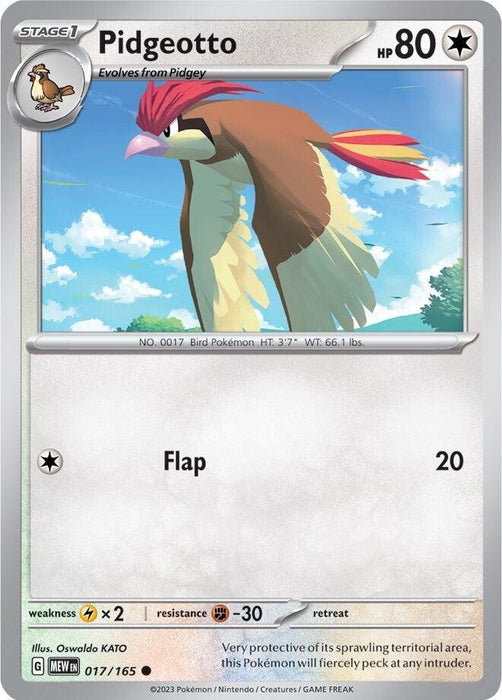 A Pidgeotto (017/165) [Scarlet & Violet: 151] from the Pokémon set featuring artwork of Pidgeotto flying against a bright blue sky with white clouds. This Colorless type card shows Pidgeotto's stats: 80 HP, move "Flap" which does 20 damage. Card number is 117/165. Weakness to Electric x2, resistance to Fighting -30, one.