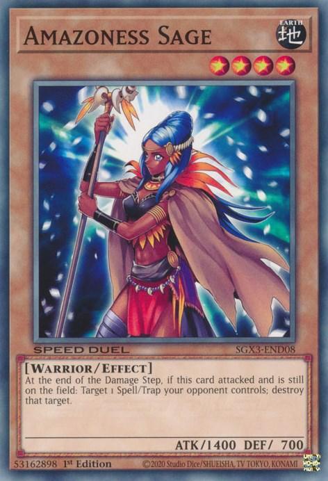 A Yu-Gi-Oh! trading card, Amazoness Sage [SGX3-END08] Common, features an Earth attribute, Level 4 Warrior/Effect Monster from Speed Duel GX. The card showcases a fierce, armored warrior wielding a spear with blue and gold hair accessories. Its effect focuses on destroying the opponent's Spell/Trap Cards and it boasts ATK 1400 and DEF 700.