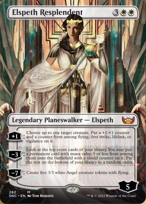 A Magic: The Gathering card from the Streets of New Capenna set features "Elspeth Resplendent (Borderless) [Streets of New Capenna]," a legendary planeswalker. She stands holding a spear, with ornate armor and a halo-like crown, against a cathedral-like backdrop. Detailing her abilities, the card costs 3 generic and 2 white mana and starts with 5 loyalty points.