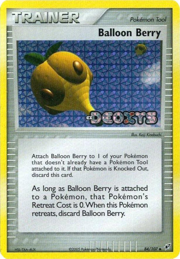 The Balloon Berry (84/107) (Stamped) [EX: Deoxys] Pokémon card showcases an illustration of a yellow, berry-shaped balloon with a small face and a green leaf on top, floating over a checkered blue background. This uncommon Item from the EX Deoxys set details the card's effects and usage as a Trainer Pokémon Tool card.