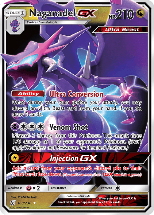The image shows a Pokémon Naganadel GX (160/236) [Sun & Moon: Unified Minds] from the Pokémon series featuring Naganadel GX. The card has a detailed illustration of the dragon-like Pokémon with sharp, futuristic armor and a glowing, pink-tipped stinger. It boasts HP 210, Ultra Conversion Ability, and three attacks: Venom Shot, Injection GX, and Ultra Beast.