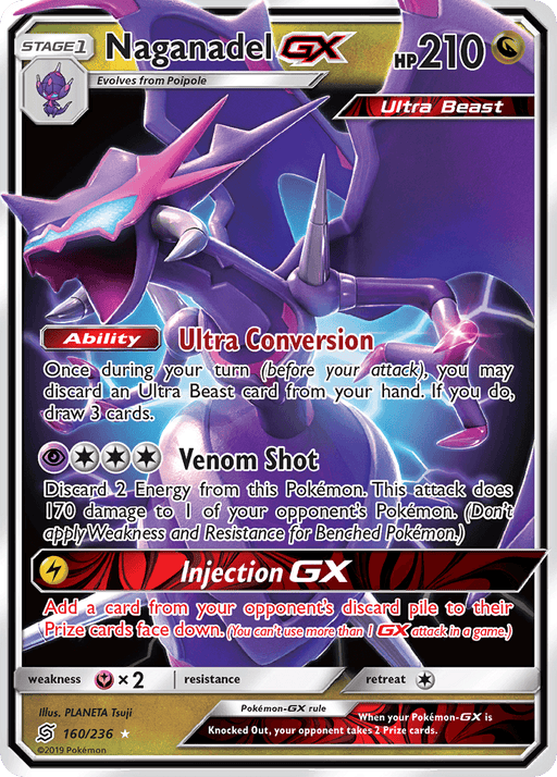 The image shows a Pokémon Naganadel GX (160/236) [Sun & Moon: Unified Minds] from the Pokémon series featuring Naganadel GX. The card has a detailed illustration of the dragon-like Pokémon with sharp, futuristic armor and a glowing, pink-tipped stinger. It boasts HP 210, Ultra Conversion Ability, and three attacks: Venom Shot, Injection GX, and Ultra Beast.