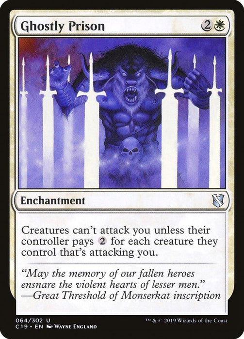 A Magic: The Gathering card titled "Ghostly Prison [Commander 2019]." This Enchantment features an illustration of a menacing ghostly figure with a skull in its chest, surrounded by ethereal white swords. Its text reads, “Creatures can't attack you unless their controller pays 2 for each creature they control that's attacking you.” The flavor text says, "May the memory of our fallen heroes ensnare