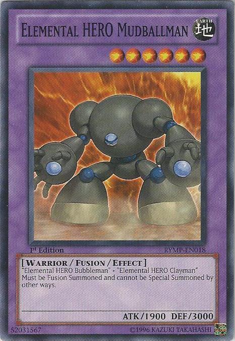A Yu-Gi-Oh! Elemental HERO Mudballman [RYMP-EN018] Common trading card depicting "Elemental HERO Mudballman." The Fusion/Effect Monster has a purple border and features a large, armored, humanoid figure made of dark, rock-like material. Its stats are ATK/1900 and DEF/3000. The text describes fusion requirements and special summoning conditions.