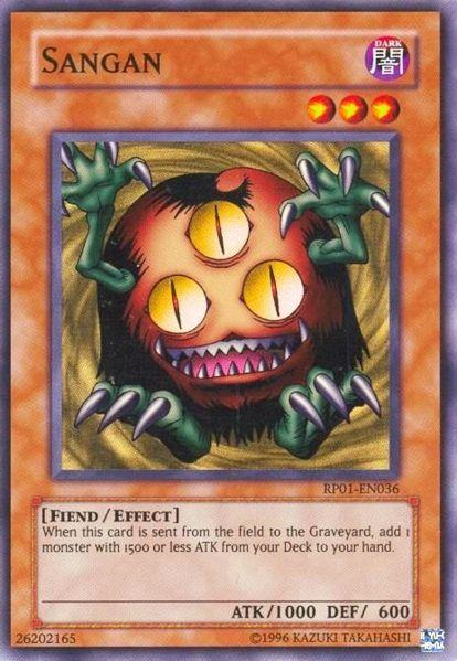 This Yu-Gi-Oh! card, "Sangan [RP01-EN036] Super Rare," is from Retro Pack 1 and showcases a three-eyed fiend/effect monster with a large mouth and green clawed limbs. It boasts 1000 ATK and 600 DEF, and its effect allows you to add a monster with 1500 or less ATK from your deck to your hand when it reaches the graveyard.