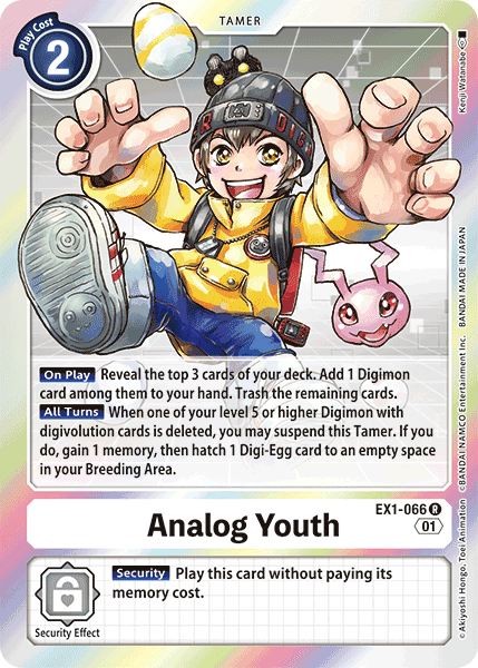 A Digimon card from the Classic Collection titled "Analog Youth [EX1-066] [Classic Collection]" features a Tamer identified as EX1-066. The card showcases a character in a playful pose, wearing a colorful outfit with a hat adorned with Digimon icons. With a play cost of 2, it includes detailed game mechanics for both "On Play" and "All Turns" effects.