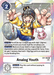 A Digimon card from the Classic Collection titled "Analog Youth [EX1-066] [Classic Collection]" features a Tamer identified as EX1-066. The card showcases a character in a playful pose, wearing a colorful outfit with a hat adorned with Digimon icons. With a play cost of 2, it includes detailed game mechanics for both "On Play" and "All Turns" effects.