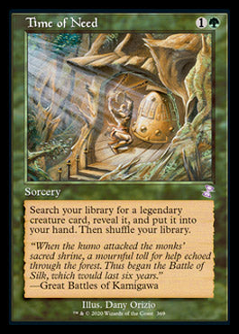 The "Time of Need" card from the Timeshifted series in Time Spiral Remastered by Magic: The Gathering depicts a mystical forest scene. In this artwork, a humanoid figure kneels before an illuminated, round stone embedded in a tree, searching for a legendary creature card. The intricate detailing and gentle lighting evoke an enchanting atmosphere reminiscent of the Battle of Silk.