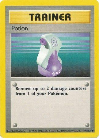 A Pokémon trading card from the Base Set Unlimited series featuring a Common "Trainer" card for "Potion (94/102) [Base Set Unlimited]." The card depicts a stylized bottle of potion with a white cap and purple liquid, accompanied by text: "Remove up to 2 damage counters from 1 of your Pokémon." The card is numbered 94/102 from a 1995 series.