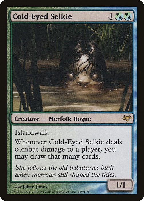 Magic: The Gathering card titled "Cold-Eyed Selkie [Eventide]." This green/blue Merfolk Rogue card features an eerie illustration of a merfolk's head with glowing eyes emerging from murky waters. It has Islandwalk, and whenever Cold-Eyed Selkie [Eventide] deals combat damage to a player, you may draw that many cards.