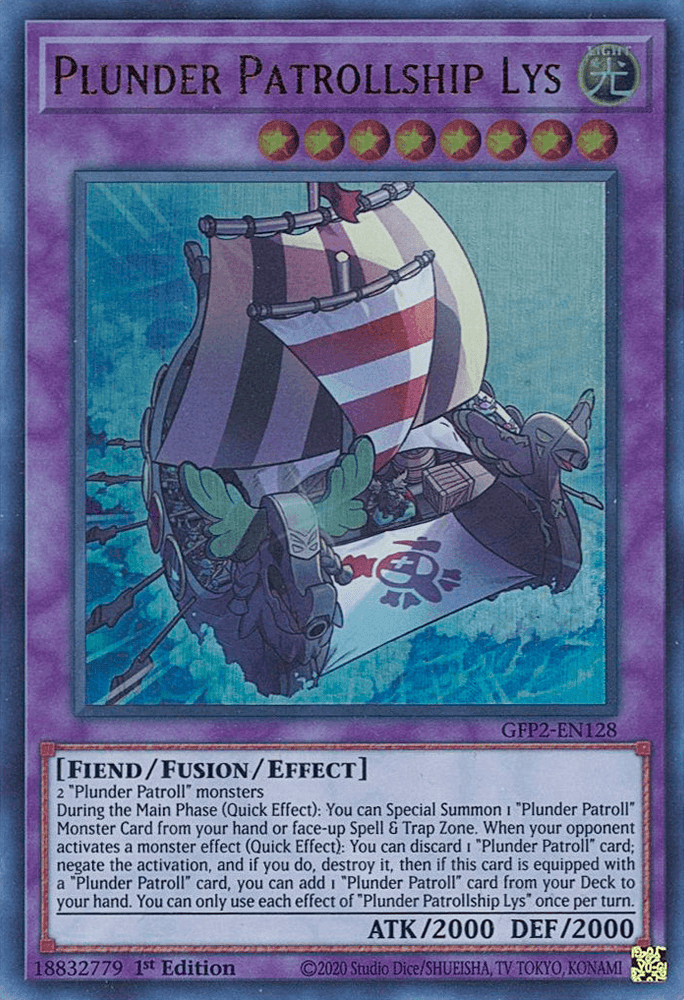 A Yu-Gi-Oh! trading card titled "Plunder Patrollship Lys [GFP2-EN128] Ultra Rare." The Ultra Rare card, part of the Ghosts From the Past series, features a Fiend/Fusion/Effect and LIGHT monster. It depicts a colorful, pirate-themed ship with large sails and cannons. Its ATK/DEF are both 2000 and its card number is GFP2-EN128.