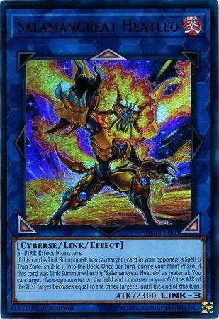 A "Yu-Gi-Oh!" trading card titled "Salamangreat Heatleo [SDSB-EN040] Ultra Rare". This Ultra Rare Link/Effect Monster features a robotic, lion-like creature with fiery details, posing against intense blue flames. It has 2300 ATK and is a Link-3, FIRE attribute card with cyberse, link, and effect properties.