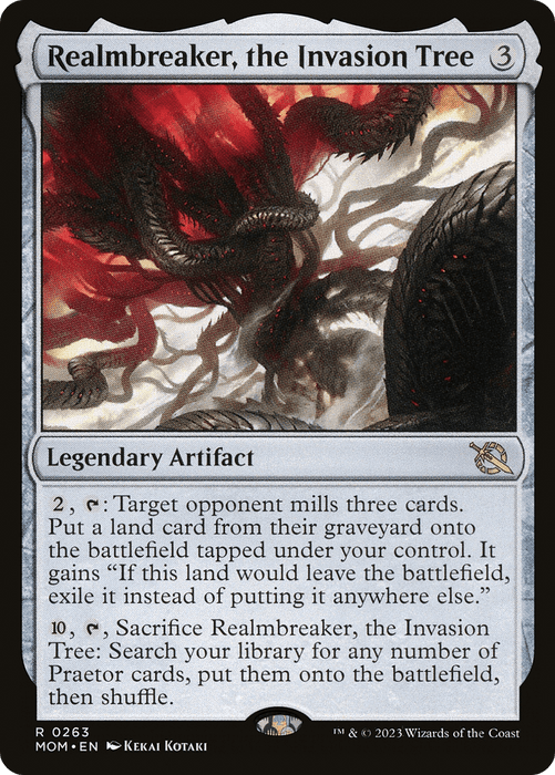 A Magic: The Gathering card titled "Realmbreaker, the Invasion Tree [March of the Machine]." This Rare Legendary Artifact card has a mana cost of 3 and features a dark, ominous tree with red tendrils, snaking shadows, and glowing eyes. The detailed text box includes game mechanics and a description of its abilities.