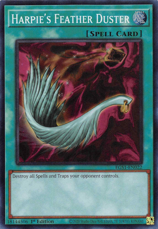 A Yu-Gi-Oh! Normal Spell Card titled "Harpie's Feather Duster [EGS1-EN022] Super Rare" features an illustration of a winged feather duster surrounded by a mystical aura, dispelling dark, magical energy. The card's effect reads, "Destroy all Spells and Traps your opponent controls." Ideal for an Egyptian God Deck, especially when paired with Slifer the Sky Dragon.