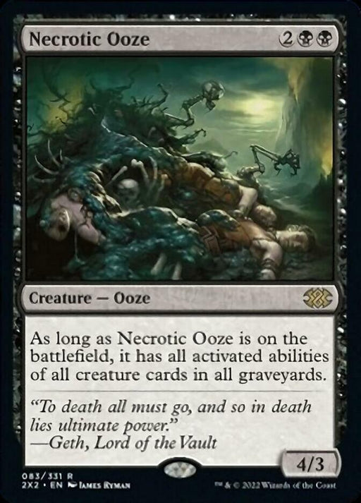 The image shows a **Magic: The Gathering** card named "**Necrotic Ooze [Double Masters 2022]**". It's a black card that costs 2 generic and 2 black mana. The artwork depicts a grotesque scene of a corpse entangled with an ooze-like creature. The card text gives it the activated abilities of all creatures in all graveyards.
