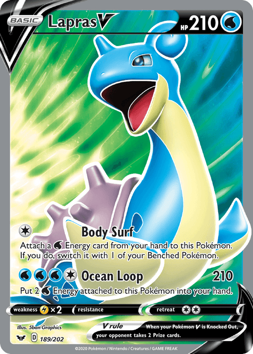 A Pokémon Trading Card featuring the Water Type Lapras V (189/202) [Sword & Shield: Base Set] from the Pokémon brand. Lapras is depicted with an open mouth, surrounded by green and blue light rays. The Ultra Rare card shows that Lapras V has 210 HP and includes two moves: "Body Surf" and "Ocean Loop." Additional card details are displayed at the bottom.