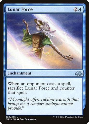 The Magic: The Gathering card "Lunar Force [Eldritch Moon]" features artwork by Eric Deschamps, showing an ethereal figure with elongated limbs enveloped in blue and purple light, casting spells. This enchantment includes the ability: "When an opponent casts a spell, sacrifice Lunar Force and counter that spell.